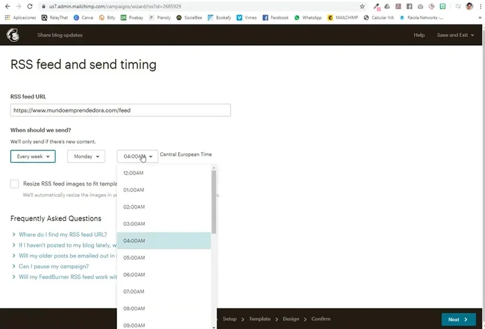 Elige la hora de envío.