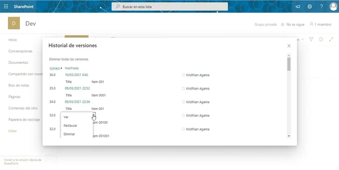 Restaurar una versión anterior si es necesario. Recuerda que al restaurar, se crea una nueva versión.