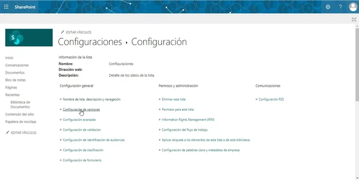 Seleccionar la opción 'Configuración de versiones'.