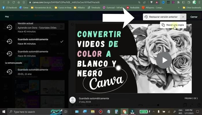 Selecciona la opción 'Hacer una copia' de la versión deseada. (Se recomienda sobre 'Recuperar' para evitar sobreescribir la versión actual).