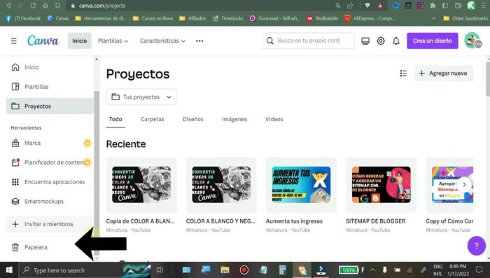 Busca el diseño restaurado en 'Proyectos' y 'Todo'.