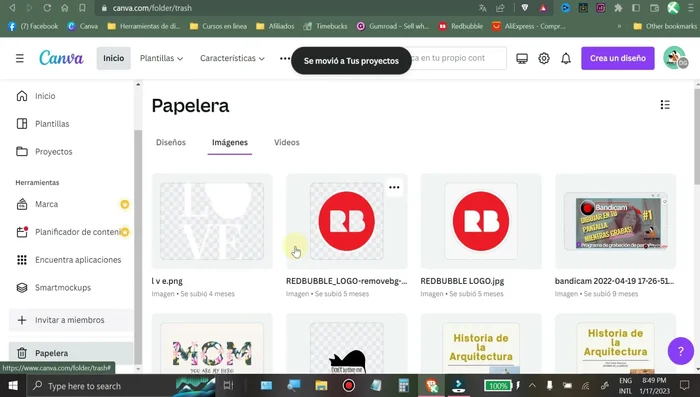 Busca el diseño restaurado en 'Proyectos' y 'Todo'.