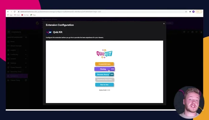 En la página de configuración, crea o edita cuestionarios. Puedes usar los prediseñados o agregar la fuente del navegador a Streamlabs u OBS.