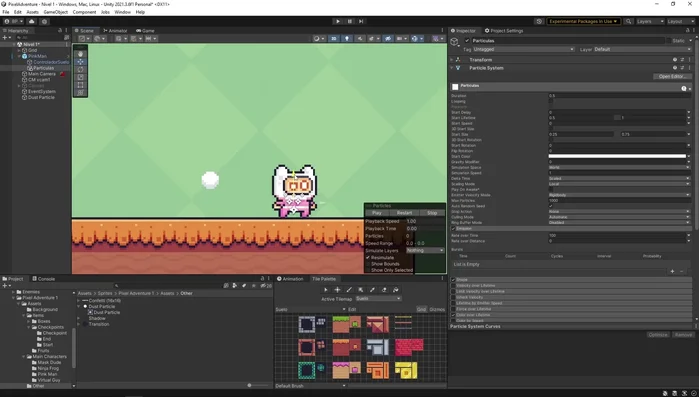 Utilizar 'Sorting Layer' para controlar el orden de renderizado de las partículas y evitar que se superpongan con el personaje. Crear una nueva capa para el jugador y las partículas.
