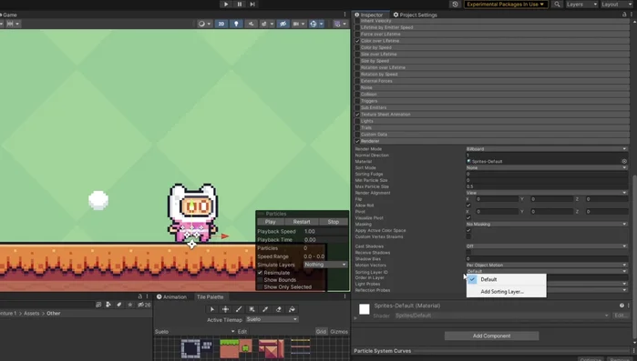 Utilizar 'Sorting Layer' para controlar el orden de renderizado de las partículas y evitar que se superpongan con el personaje. Crear una nueva capa para el jugador y las partículas.
