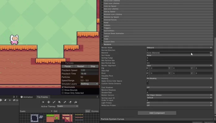 Cargar la imagen de la partícula en la sección 'Texture Animation' del Particle System. Asegurarse de tener activado 'Animation' y seleccionar 'Sprite' como modo.