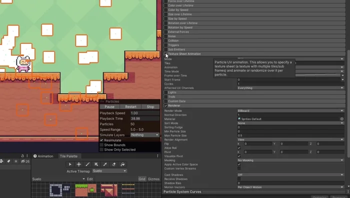 Cargar la imagen de la partícula en la sección 'Texture Animation' del Particle System. Asegurarse de tener activado 'Animation' y seleccionar 'Sprite' como modo.