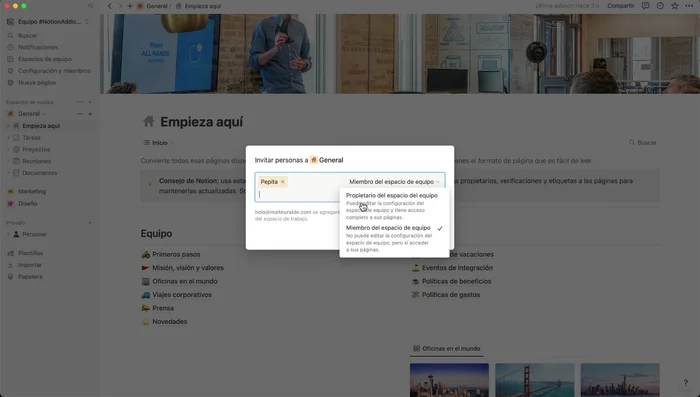 Selecciona el rol: Propietario (acceso completo) o Miembro (acceso limitado).