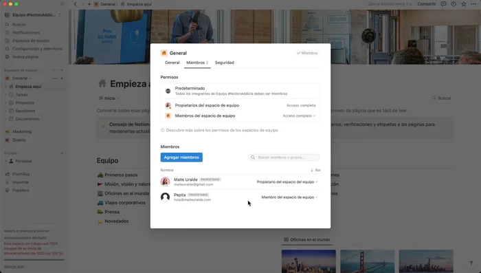 Configura los permisos de acceso de los miembros en la configuración del espacio de equipo.