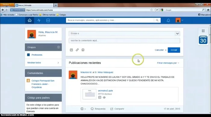 Escribir un mensaje al profesor (ej: 'Hola profe, mi nombre es [nombre], soy del grado [grado] y te envío el trabajo de [tema]').