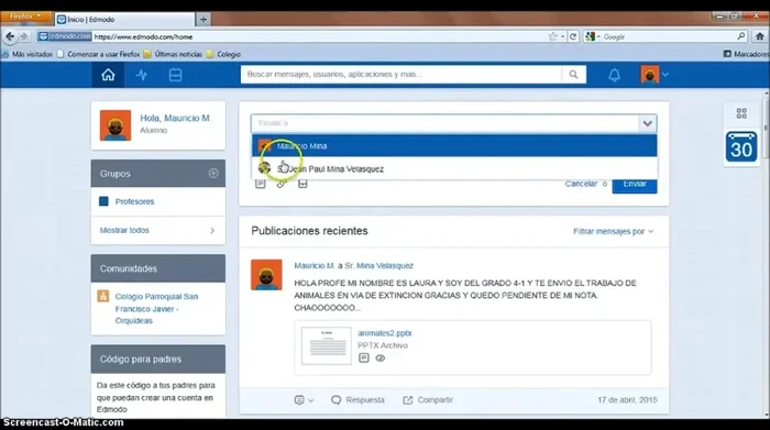 Escribir un mensaje al profesor (ej: 'Hola profe, mi nombre es [nombre], soy del grado [grado] y te envío el trabajo de [tema]').