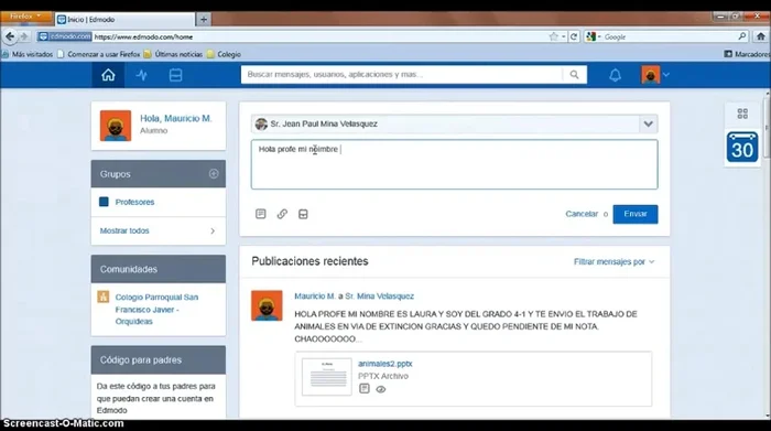 Escribir un mensaje al profesor (ej: 'Hola profe, mi nombre es [nombre], soy del grado [grado] y te envío el trabajo de [tema]').