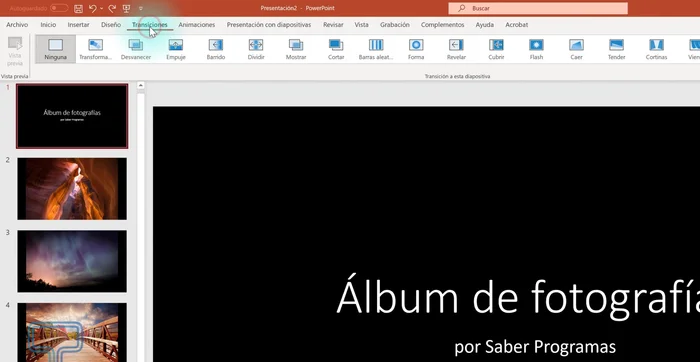 Añadir transiciones a las diapositivas desde el menú de transición.