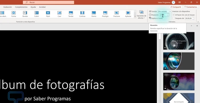 Cambiar la duración de las transiciones. Se puede aplicar a todas las diapositivas o individualmente.