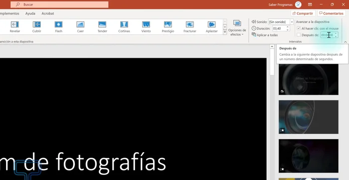 Marcar la casilla para aplicar la duración establecida. Se puede aplicar a todas las diapositivas o individualmente.
