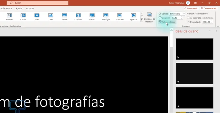 Marcar la casilla para aplicar la duración establecida. Se puede aplicar a todas las diapositivas o individualmente.