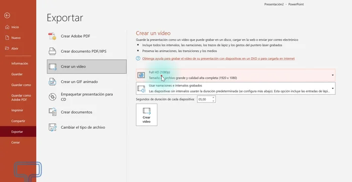 Pulsar 'Crear vídeo' y seleccionar la ubicación para guardar.