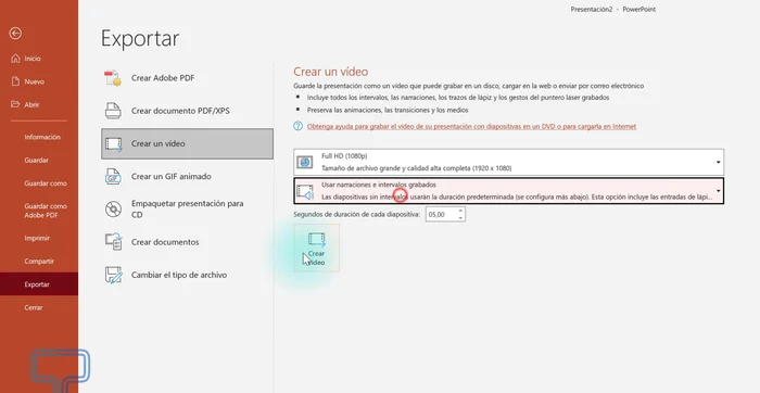 Pulsar 'Crear vídeo' y seleccionar la ubicación para guardar.
