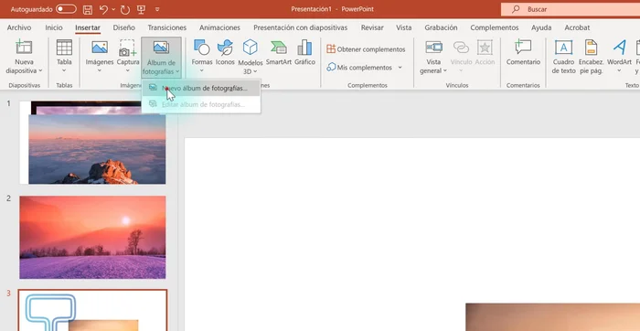 Insertar las imágenes. PowerPoint creará una diapositiva por cada imagen.