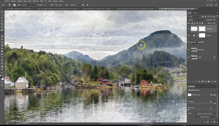 Crear una nueva capa superior, rellenarla con gris al 50%, cambiar el modo de fusión a 'Luz suave' y aplicar el filtro 'Filtro > Convertir a objeto inteligente > Filtro > Galería de filtros > Textura > Texturizar' (utilizando 'Arenisca' con parámetros ajustados) para simular la textura del papel de acuarela.