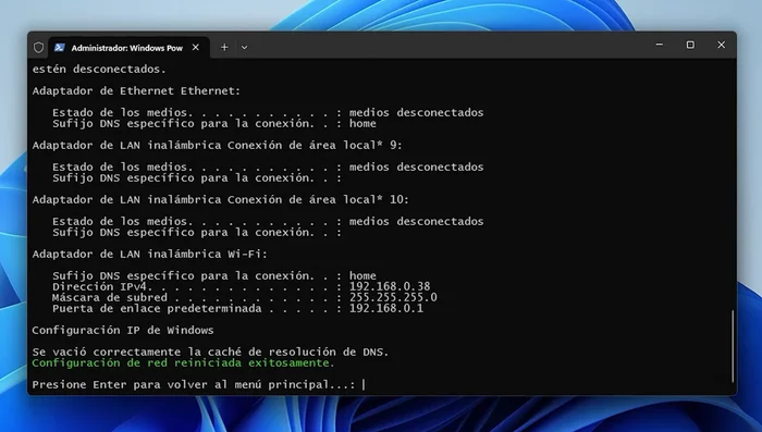 Ejecutar la opción 4 para restablecer los ajustes de red (259.16 segundos)
