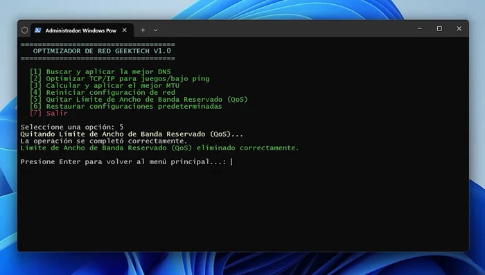 Ejecutar la opción 5 para desactivar la reserva del 20% de ancho de banda de Windows (276.639 segundos)
