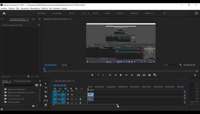 En la previsualización o línea de tiempo, buscar el panel de efectos (parte inferior izquierda).