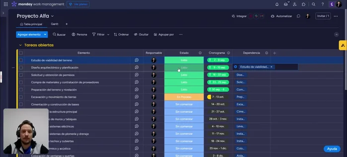 Configurar las dependencias: En la columna de dependencias, seleccionar qué tarea depende de cuál. Se pueden establecer múltiples dependencias.