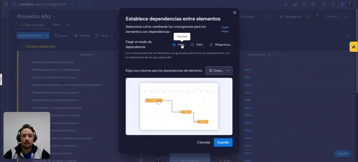 Personalizar la configuración de la columna de dependencias: Seleccionar entre tres opciones: Dependencia flexible (modificaciones en el plazo de una tarea no afectan a las siguientes a menos que se superpongan), dependencia estricta (cualquier cambio de plazo se propaga a las tareas dependientes) o ninguna acción (mover tareas sin afectar a otras).