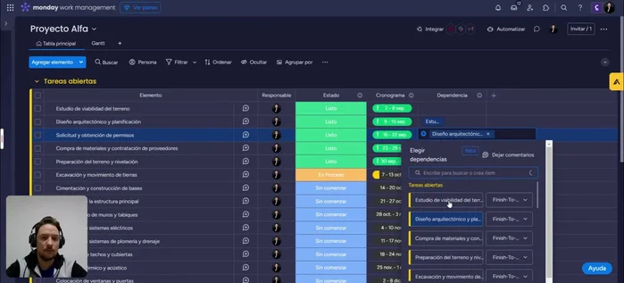 Definir el tipo de relación de dependencia: Se puede configurar si la dependencia se basa en la fecha de inicio o finalización de las tareas (inicio a inicio, inicio a fin, fin a inicio, fin a fin).