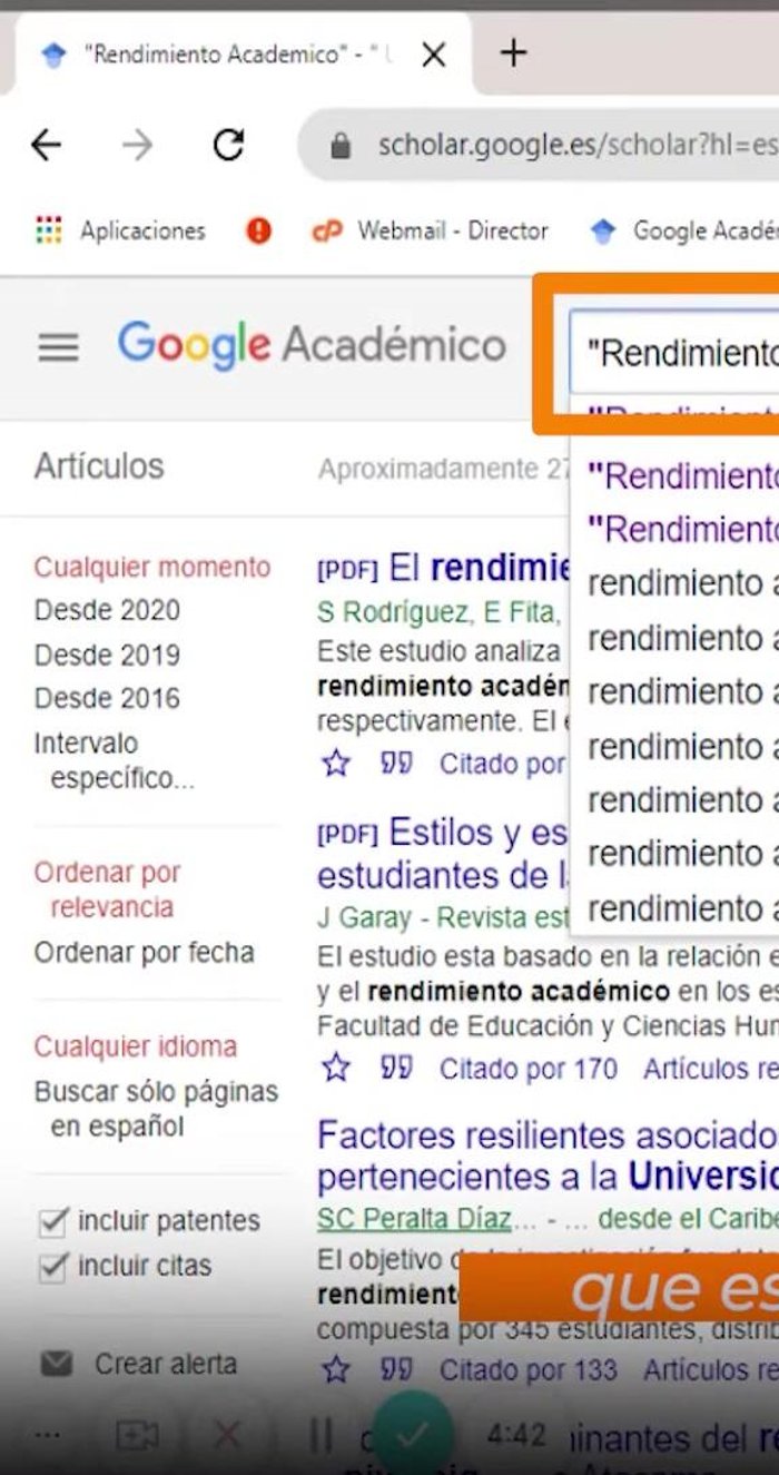 Utilizar el asterisco '*' como comodín para completar palabras o frases. Ejemplo: rendimiento académico * universidad