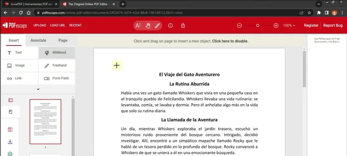 Seleccionar la herramienta 'White out' para eliminar texto. Arrastrar el cursor para cubrir el texto a eliminar.