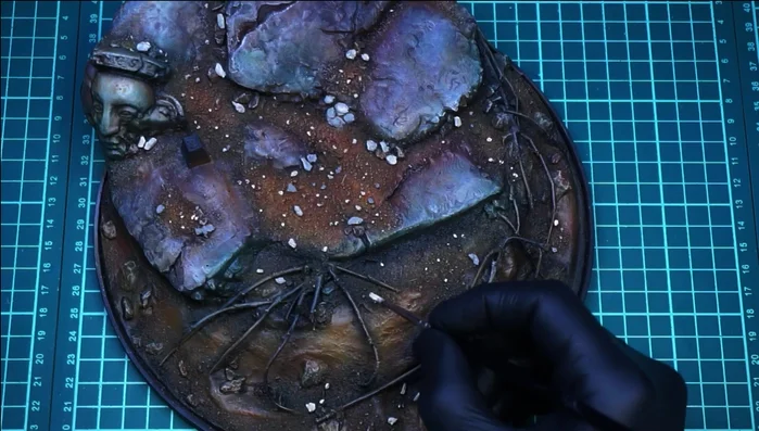 Pintar las zonas de vegetación con verde muy llamativo (50% de dilución) para simular verdín y algas.