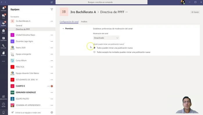 Configurar la moderación de canales: Define quién puede publicar mensajes en cada canal (moderadores, todos los miembros, etc.)
