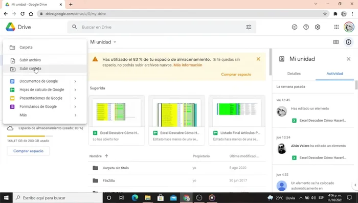 Seleccionar 'Subir archivos' o 'Subir carpeta'.