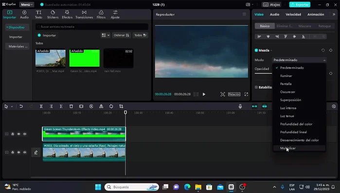 Ajustar el brillo y contraste de la pantalla verde para lograr un efecto de cielo nublado.
