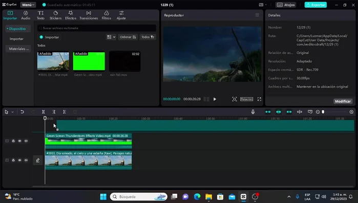 Ajustar el brillo y contraste de la pantalla verde para lograr un efecto de cielo nublado.