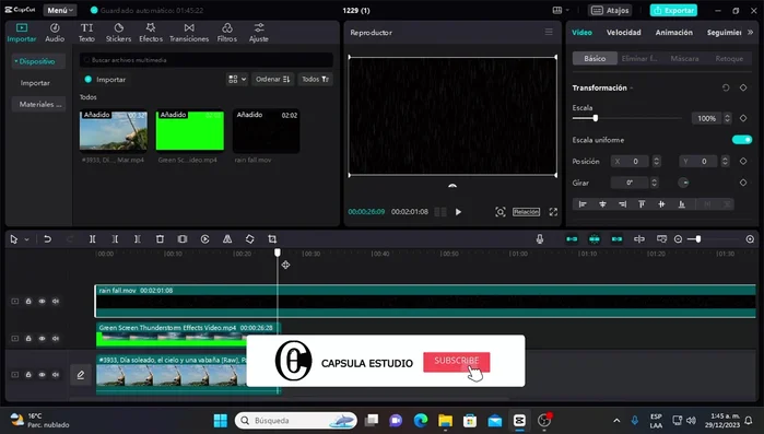 Cambiar el modo de mezcla del overlay de lluvia a "Pantalla" y ajustar la opacidad.