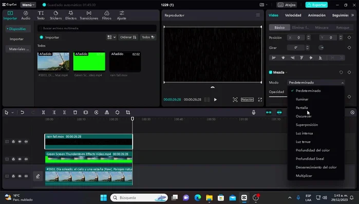 Cambiar el modo de mezcla del overlay de lluvia a "Pantalla" y ajustar la opacidad.