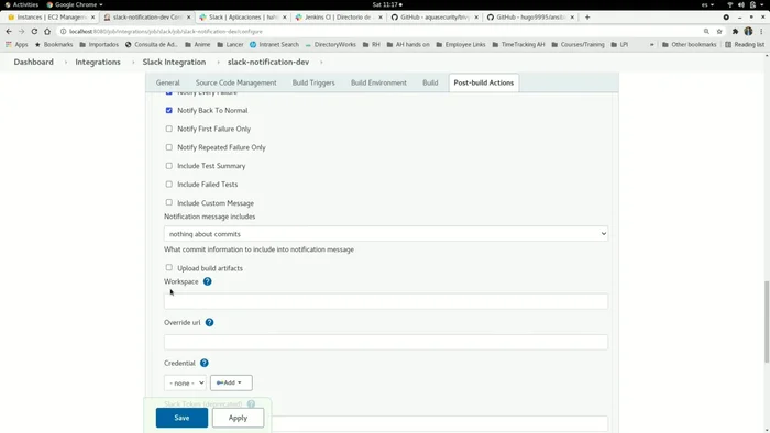 Agregar el token de Slack como credencial en Jenkins (tipo 'Secret text').