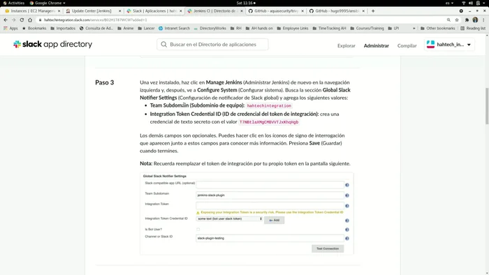 Obtener el subdominio y el token de la aplicación de Jenkins en Slack.