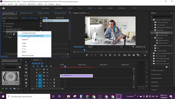 Guarda el ajuste preestablecido. Ahora aparecerá en la sección de 'Ajustes preestablecidos' en el panel de efectos.