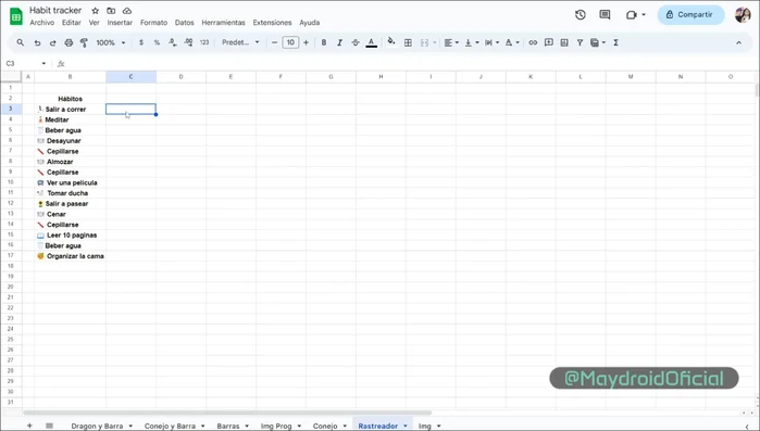Insertar filas arriba de la celda 'Hábitos' para agregar las columnas 'Semana' y 'Día'.