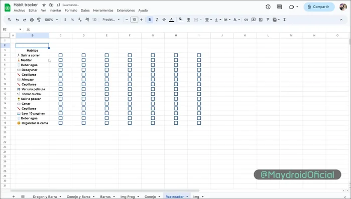 Insertar filas arriba de la celda 'Hábitos' para agregar las columnas 'Semana' y 'Día'.