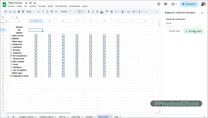 Utilizar validación de datos para insertar un mini calendario en la columna 'Día'.