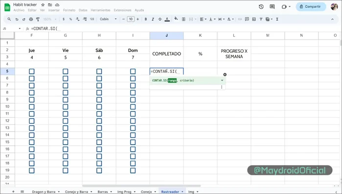 Utilizar la función `CONTAR.SI` para calcular el número de tareas completadas y el porcentaje de progreso semanal.
