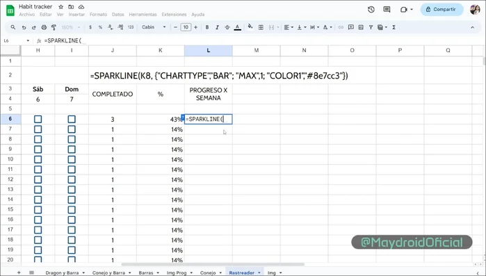 Insertar gráficos en miniatura (barras o columnas) utilizando la función `SPARKLINE` para visualizar el progreso.