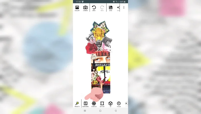 Ajustar el efecto caleidoscopio pellizcando la pantalla para cambiar el zoom y la posición.
