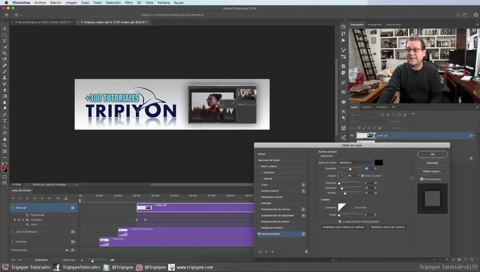 Añadir efectos (opcional, ej: sombra paralela al vídeo).