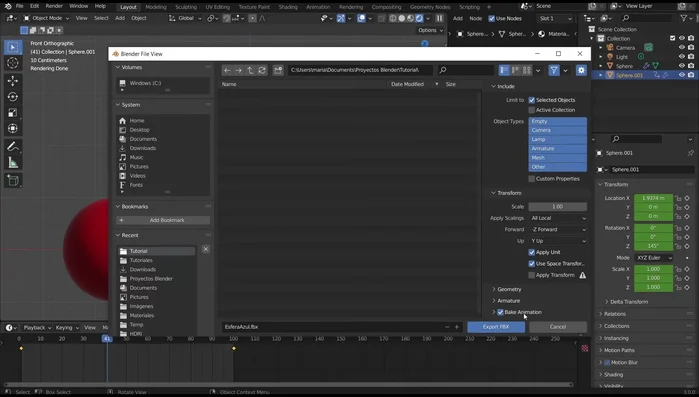 Activa la casilla 'Bake Animation' para exportar animaciones.